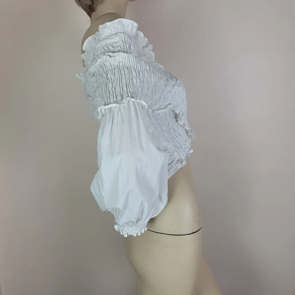 Zara White Smocked Wrap Crop Top 100% Cotton Size Medium